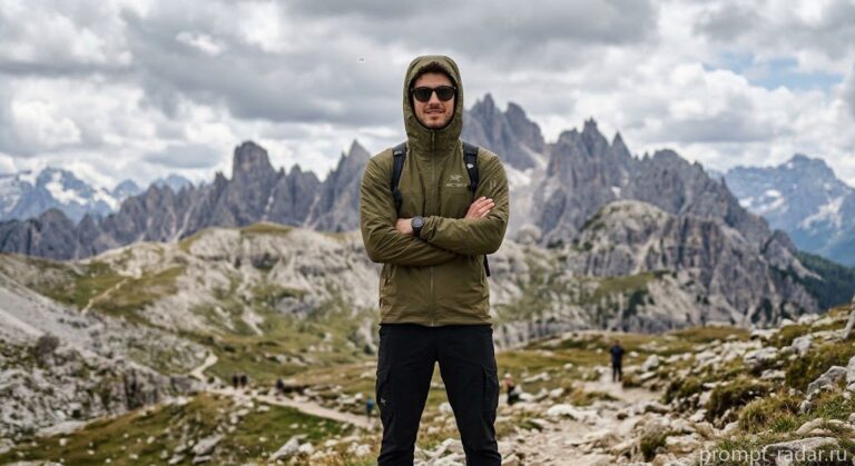 Промпт: Фотореалистичный портрет молодого мужчины в оливковой Arc’teryx куртке в горах