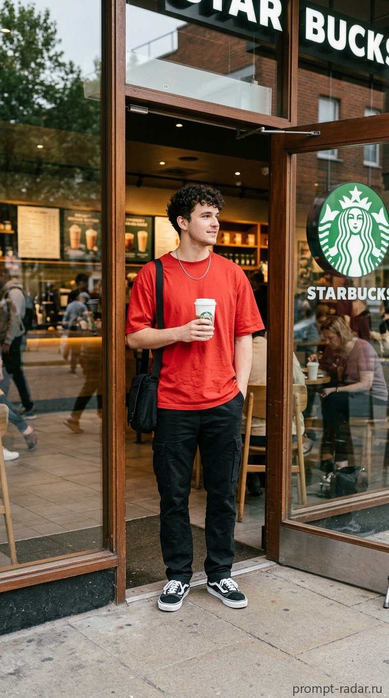 Промпт: молодой мужчина в красной футболке у входа в Starbucks с чашкой