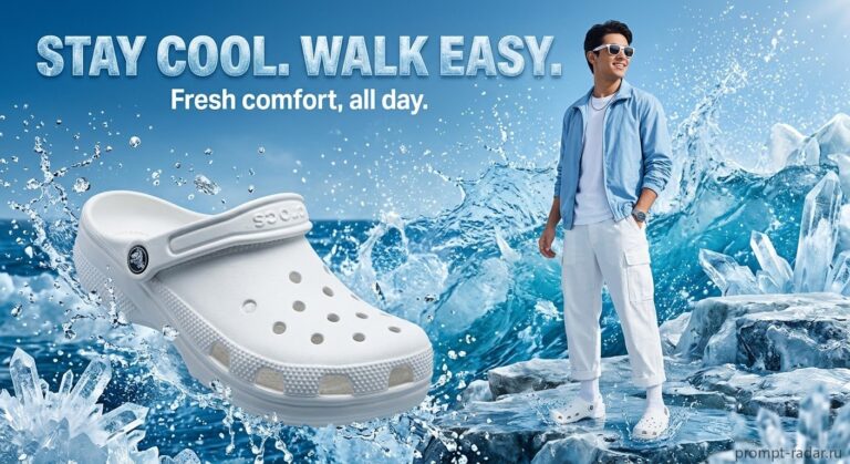 Промпт: Рекламное фото молодого мужчины в белых Crocs на ледяном фоне