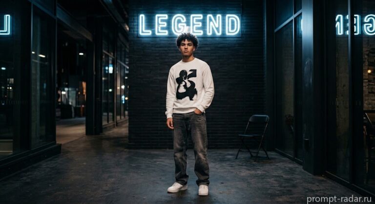 Промпт: Молодой мужчина в белом свитшоте у неоновой вывески ‘LEGEND’, реалистичная фотография