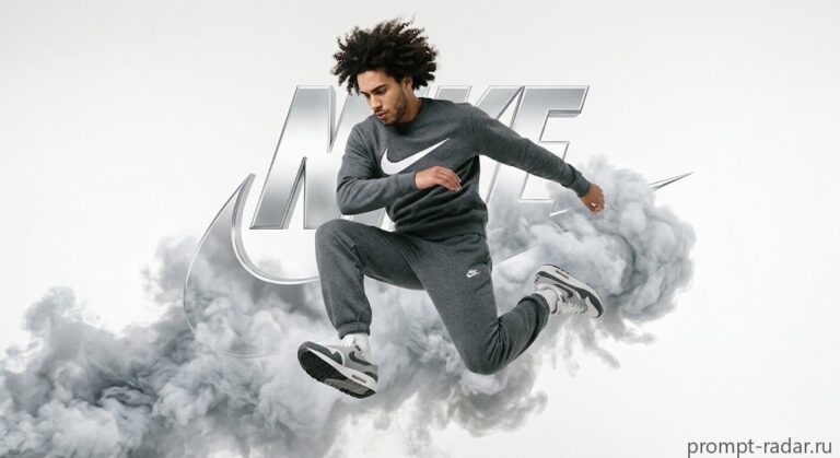 Промпт: Молодой мужчина в сером Nike-костюме в прыжке, металлический логотип позади