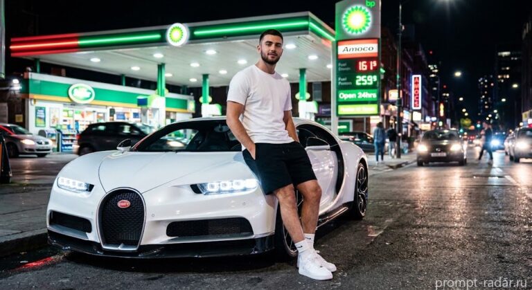 Промпт: Ночное кинематографичное фото парня у белого Bugatti на АЗС