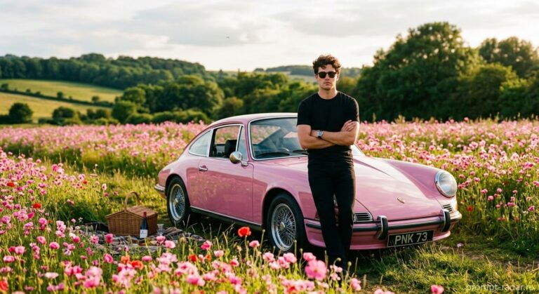 Промпт: молодой мужчина у винтажного розового Porsche в поле цветов