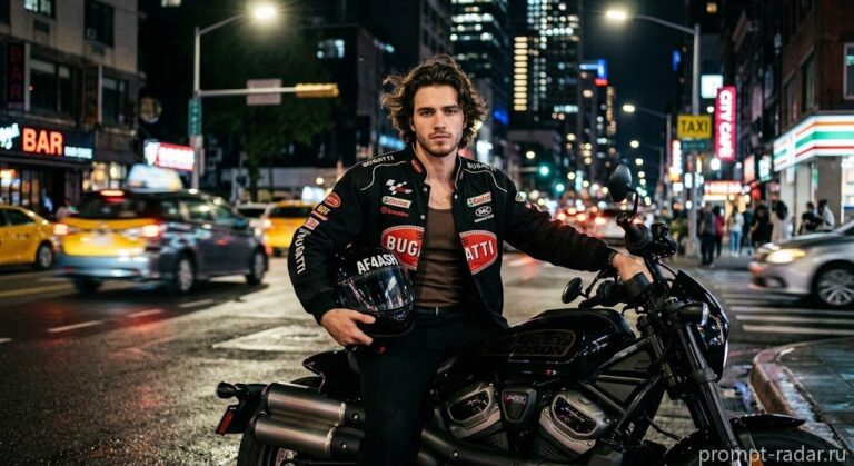 Промпт: Молодой мужчина на черном Harley-Davidson ночью в городе, в Bugatti-куртке