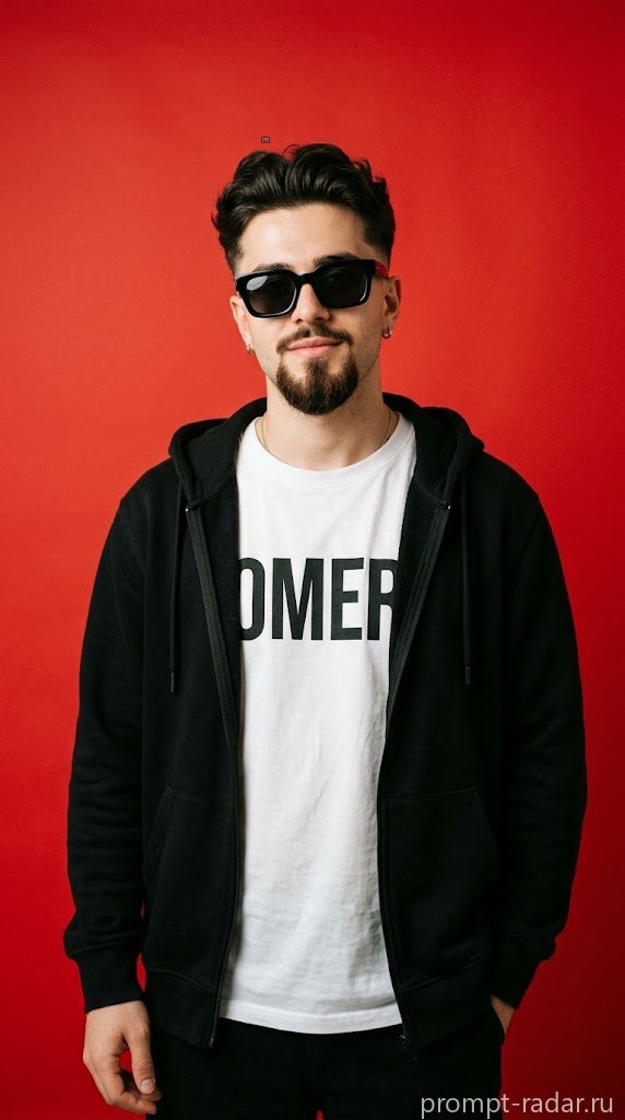 Промпт: Портрет молодого мужчины в черных очках, ‘OMER’ футболка, худи, красный фон