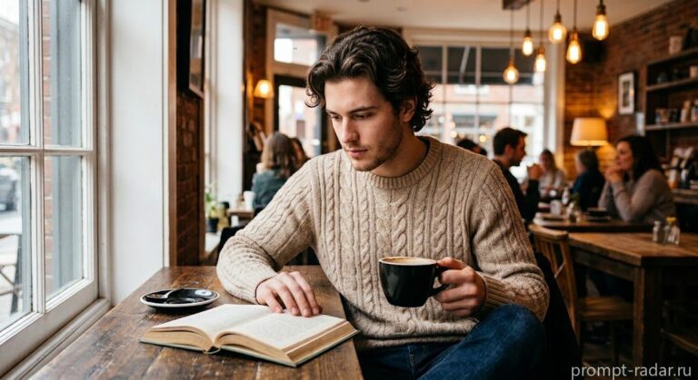 Промпт: молодой мужчина в бежевом вязаном свитере читает книгу в уютном кафе