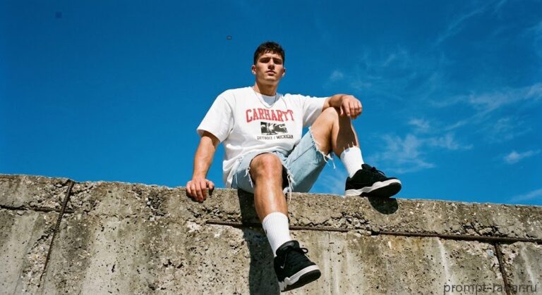 Промпт: Низкий ракурс — мужчина в футболке Carhartt на бетонной стене