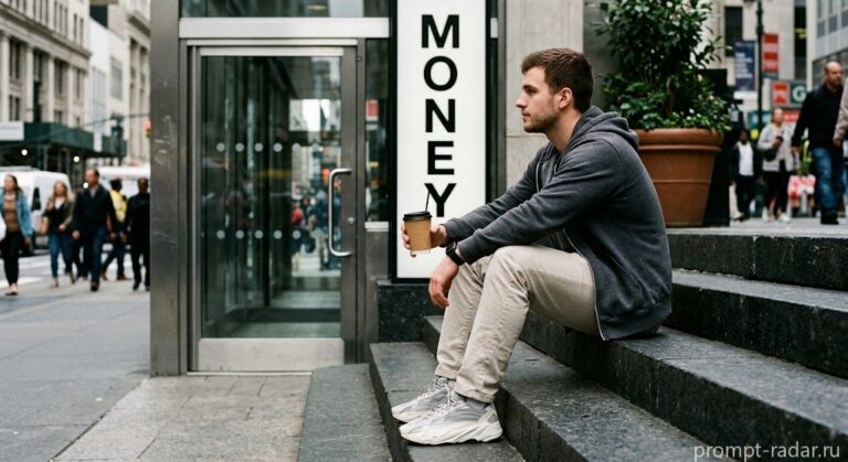 Промпт: Молодой мужчина на ступенях с напитком у входа «MONEY», уличная фотография