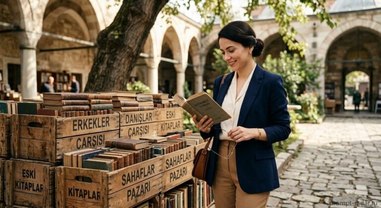 Промпт: Женщина читает старую книгу у деревянных ящиков в дворике