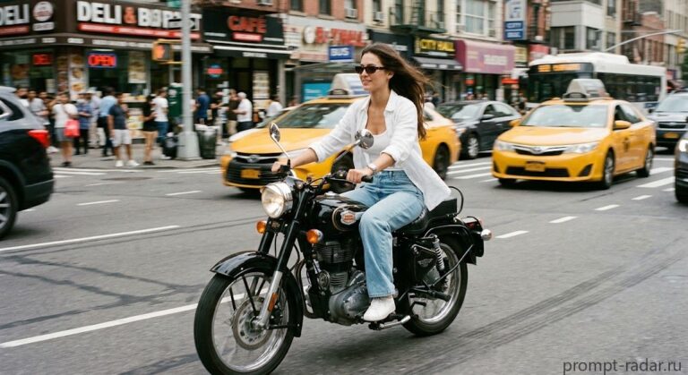 Промпт: Женщина на черном Royal Enfield в движении, низкий ракурс, город
