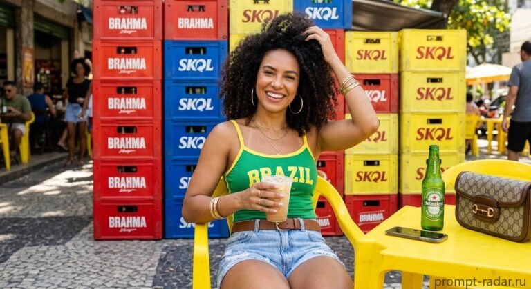 Промпт: улыбающаяся женщина в майке BRAZIL на желтом стуле, цветной фон