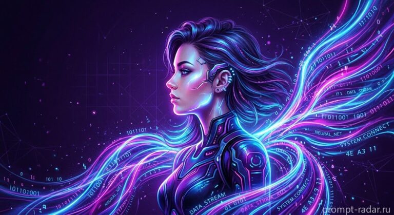 Промпт: Профиль женщины в неоновых биолюминесцентных потоках данных