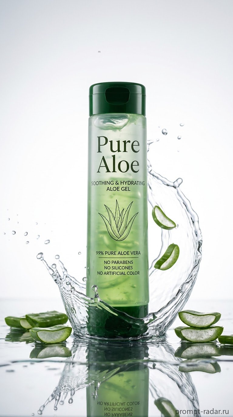Промпт: Тюбик Pure Aloe на мокрой отражающей поверхности, брызги, коммерческая съемка