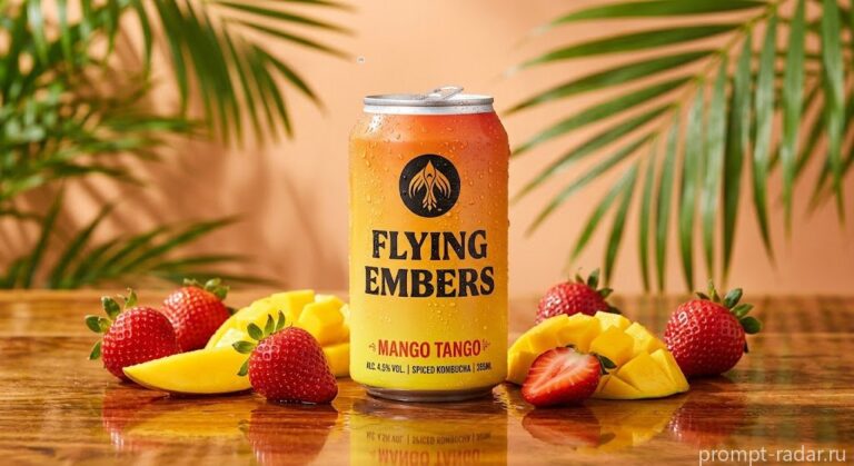 Промпт: Банка FLYING EMBERS Mango Tango с манго и клубникой, коммерческая фотография