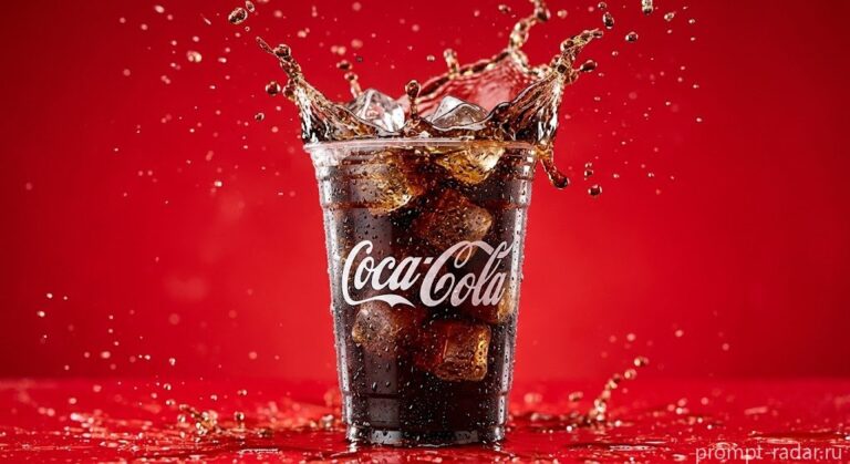 Промпт: Coca-Cola в прозрачном стакане с льдом и брызгами на красном фоне