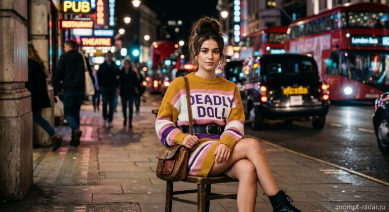 Промпт: сидящая на стуле девушка в полосатом свитере ‘DEADLY DOLL’, ночной Лондон