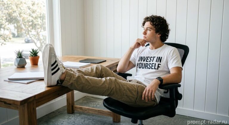 Промпт: Молодой мужчина в кресле, футболка ‘Invest in Yourself’, низкий ракурс