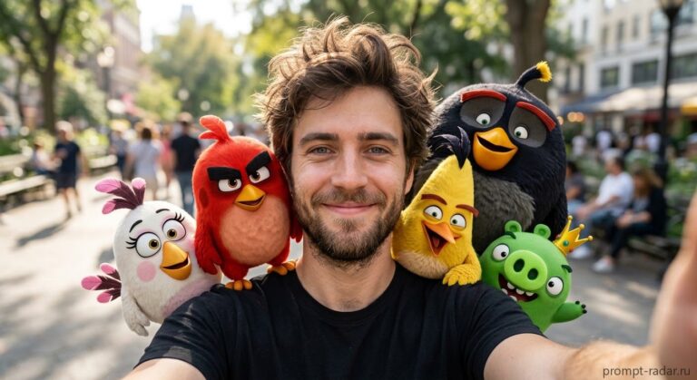 Промпт: Селфи молодого человека с плюшевыми Angry Birds в 3D