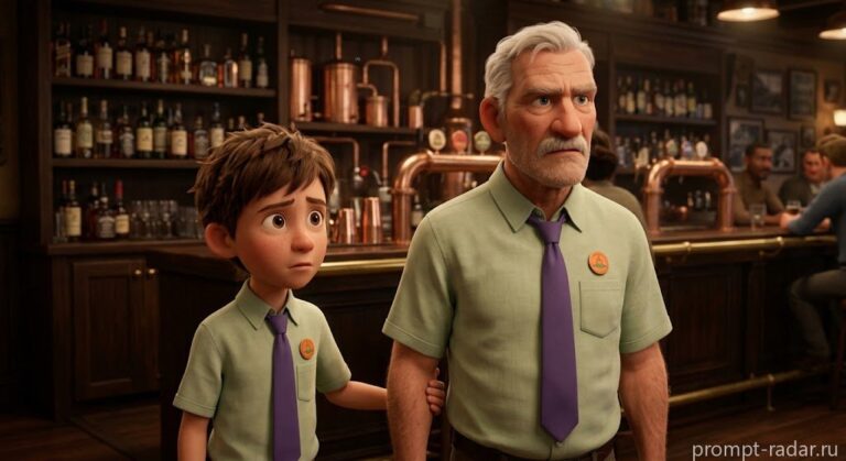 Промпт: Pixar (Пиксар) 3D — мальчик и пожилой мужчина в темном баре