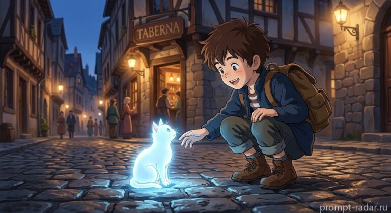 Промпт: мальчик и светящаяся кошка на булыжной улице, стиль Ghibli