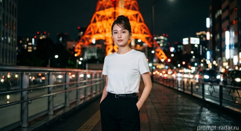 Промпт: Ночной кинематографичный модный портрет женщины на фоне Tokyo Tower