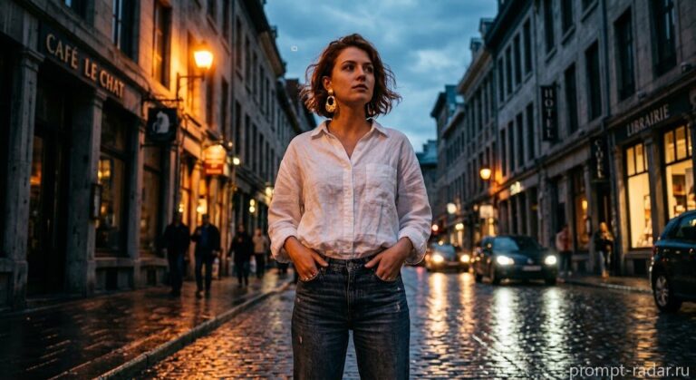 Промпт: Женщина с короткими рыжевато-коричневыми волосами на мокрой вечерней улице