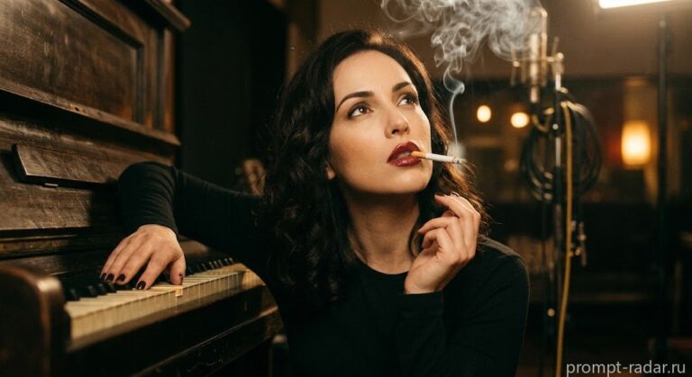 Промпт: Кинопортрет женщины у пианино с сигаретой, винтажный нуар