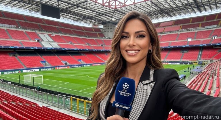 Промпт: Селфи ведущей в футбольном стадионе с микрофоном и логотипом UEFA