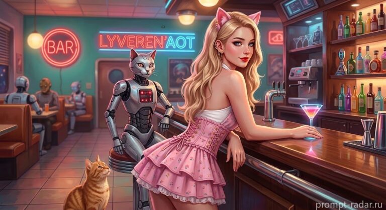 Промпт: Ретро-футуристический бар — девушка с кошачьими ушками в полуреалистичном аниме-стиле