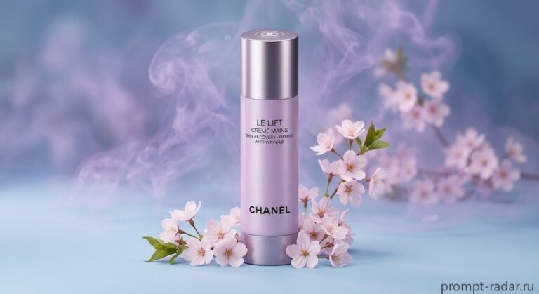 Промпт: Лавандовая туба Chanel Le Lift с сакурой и фиолетовым дымом