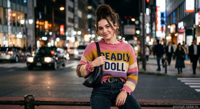 Промпт: Девушка в свитере ‘DEADLY DOLL’, ночной кинематографичный портрет