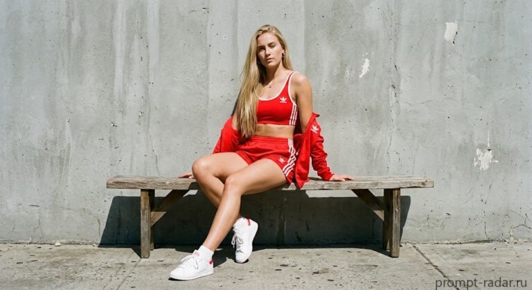 Промпт: Фотореалистичная мода — блондинка в красном Adidas на деревянной скамье