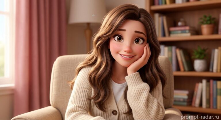 Промпт: Крупный план молодой женщины, 3D Pixar-стиль, улыбка, рука под подбородком
