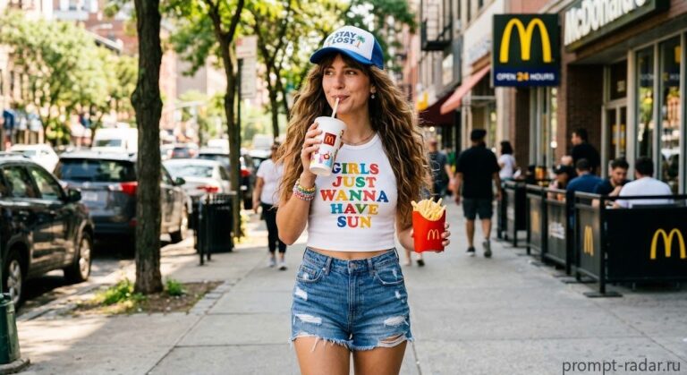 Промпт: девушка на солнечной улице с McDonald’s и картошкой фри