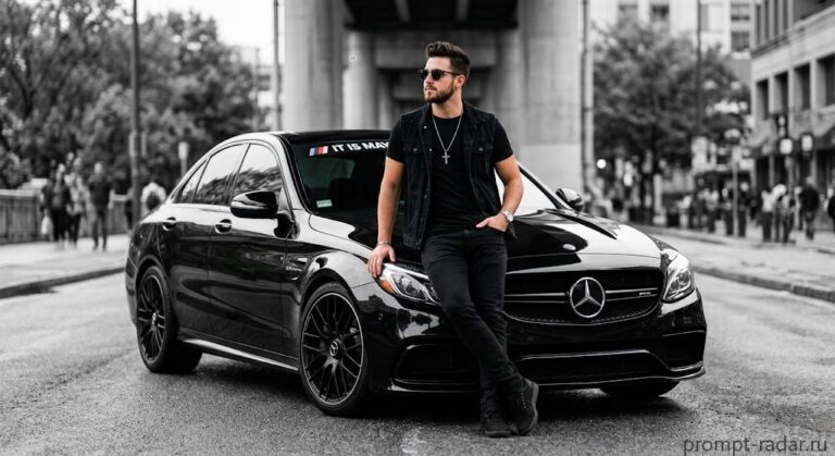 Промпт: Мужчина у черного Mercedes-Benz, селективный цвет, городской кадр