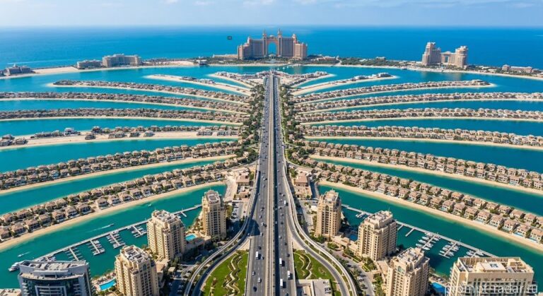 Промпт: Аэрофото острова Пальма Джумейра — шоссе, виллы, каналы, Atlantis The Palm
