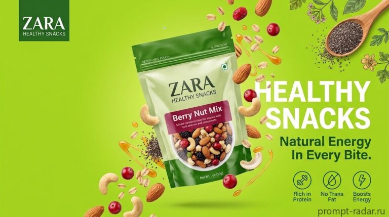 Промпт: Рекламный постер Zara Healthy Snacks — Berry Nut Mix