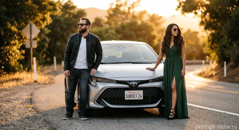 Промпт: Кинематографичная пара у серебристого Toyota в золотой час, контровой свет