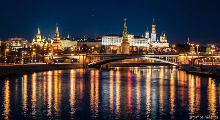 Промпт: Ночная панорама освещенного Московского Кремля с мостом и отражениями