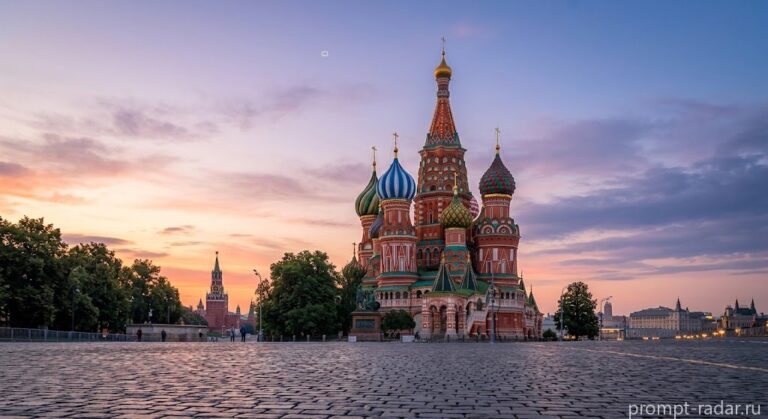 Промпт: Собор Василия Блаженного, пастельный закат, низкий ракурс, яркие купола