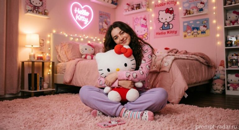 Промпт: Девушка с Hello Kitty в розовой уютной спальне
