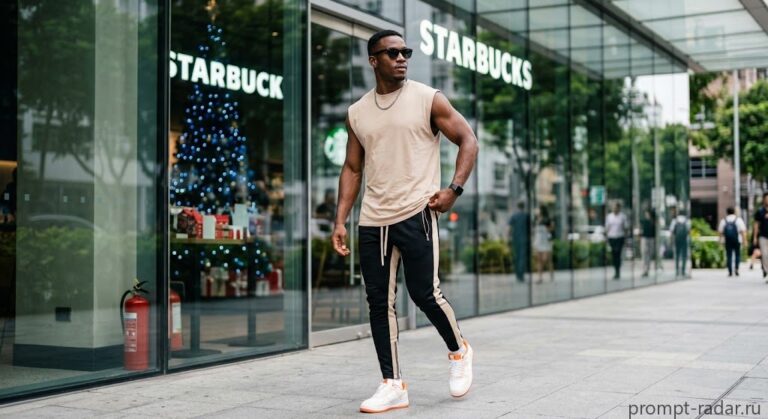 Промпт: стильный мужчина идет перед стеклянным фасадом со Starbucks