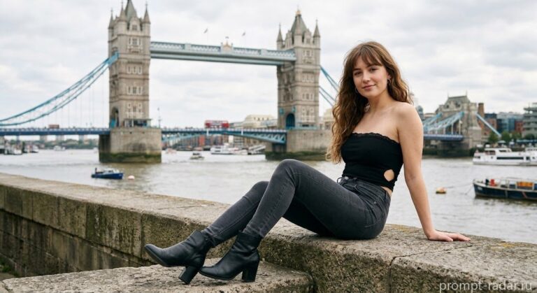 Промпт: девушка с длинными волнистыми волосами сидит на набережной у Tower Bridge