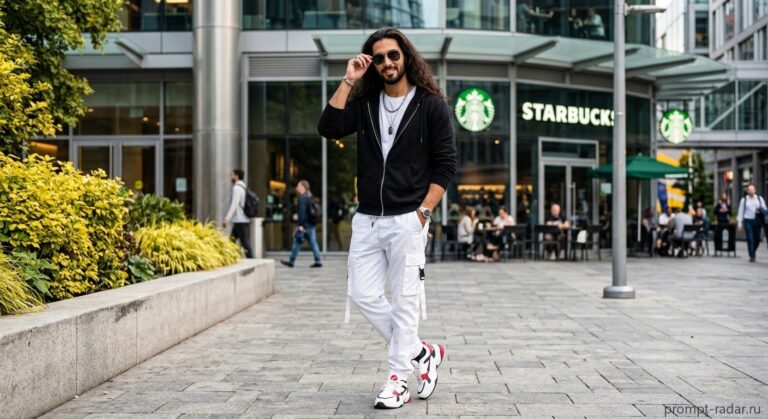 Промпт: Стильный мужчина в стритвире у Starbucks, поправляет солнцезащитные очки