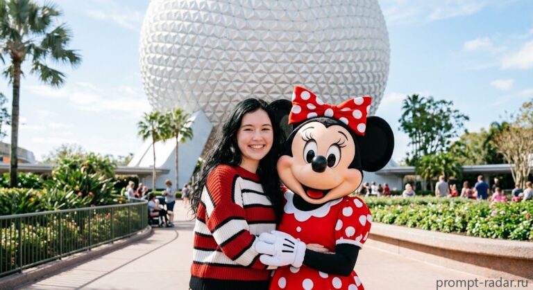 Промпт: улыбающаяся девушка с темными волосами рядом с Минни Маус у Epcot