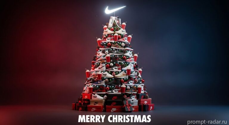 Промпт: Рождественская елка из кроссовок Nike, гиперреалистичный 3D рекламный рендер