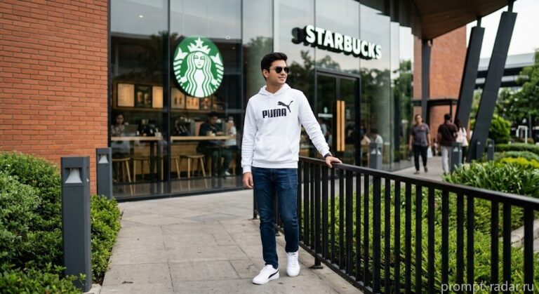 Промпт: Молодой мужчина в худи Puma на фоне Starbucks