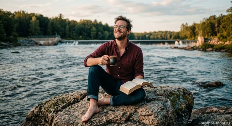 Промпт: Мужчина в очках на камне у реки с кружкой и книгой