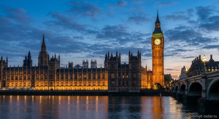 Промпт: Вид Элизабет-Тауэр (Big Ben) в сумерках, широкий угол, HDR