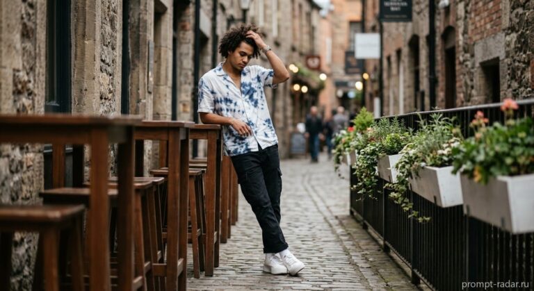 Промпт: Молодой мужчина в узком коридоре, низкий ракурс, кинематографическая цветокоррекция